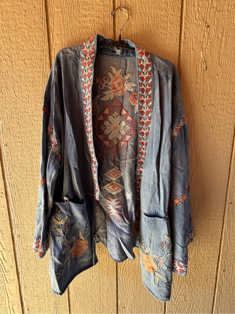 Velvet Light Blue Embroidered Denim Top with Gold & Pink Details